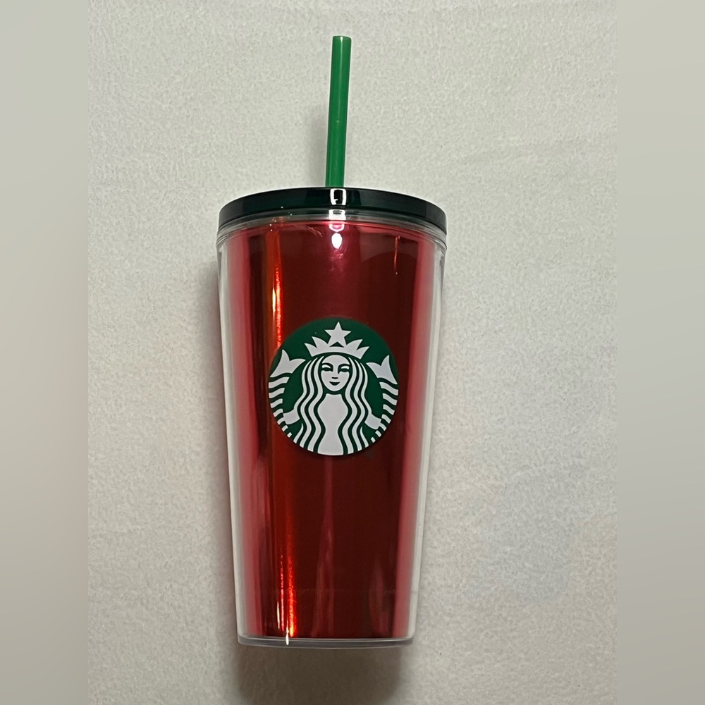 Starbucks Cup Red 16oz Cold Brew Tumbler Travel w/ Straw Shiny Holiday Logo NEW